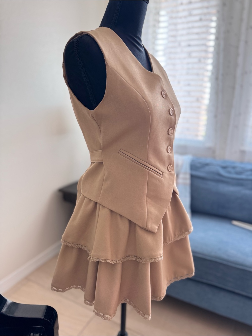Classic Tan Tiered 2-pc Dress with Buttoned Vest - Picture 6 of 14